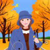 若い女性のイラスト人物画像素材【いちょう並木】帽子をかぶりコートを着た女性