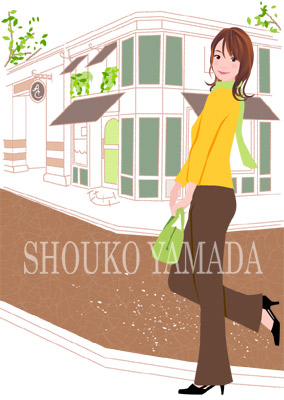 若い女性のイラスト人物画像素材 いつもの道 癒し系 可愛い 歩く 買物 ガーデン バラ 帽子 庭 花 ガーデニング