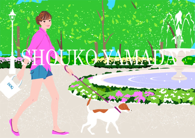 若い女性のイラスト人物画像素材 犬のお散歩 公園 春 花 癒し系 可愛い イラストレーター 山田聖子 Shouko Yamada