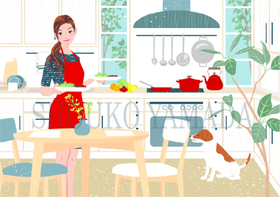 女性イラスト人物画像素材 料理を運ぶ女性 ダイニング キッチン クッキング 犬 癒し系 可愛い 清楚 優しい イラストレーター 山田聖子 Shoukoyamada